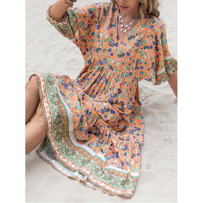 Printed V-Neck Short Sleeve Midi Dress