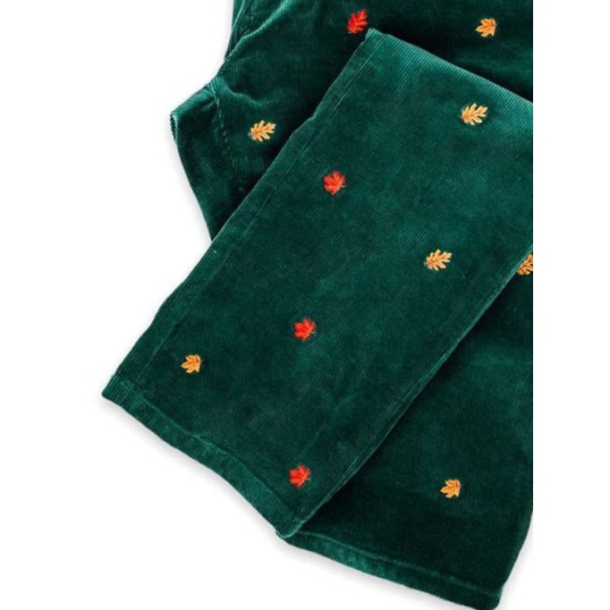 Retro Corduroy Maple Leaf Dark Green Casual Pants