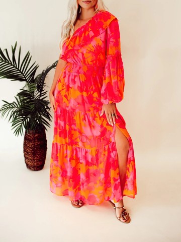 Rose Orange Flower Single Shoulder Long Dress