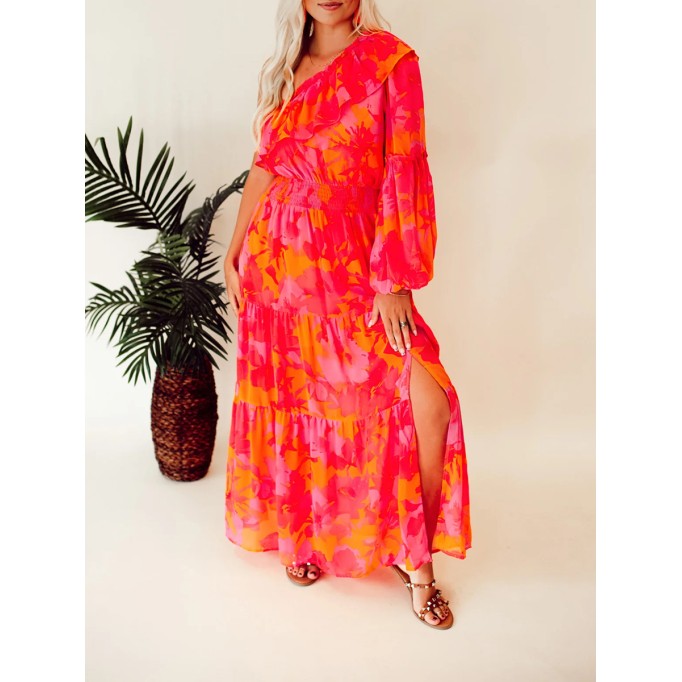 Rose Orange Flower Single Shoulder Long Dress