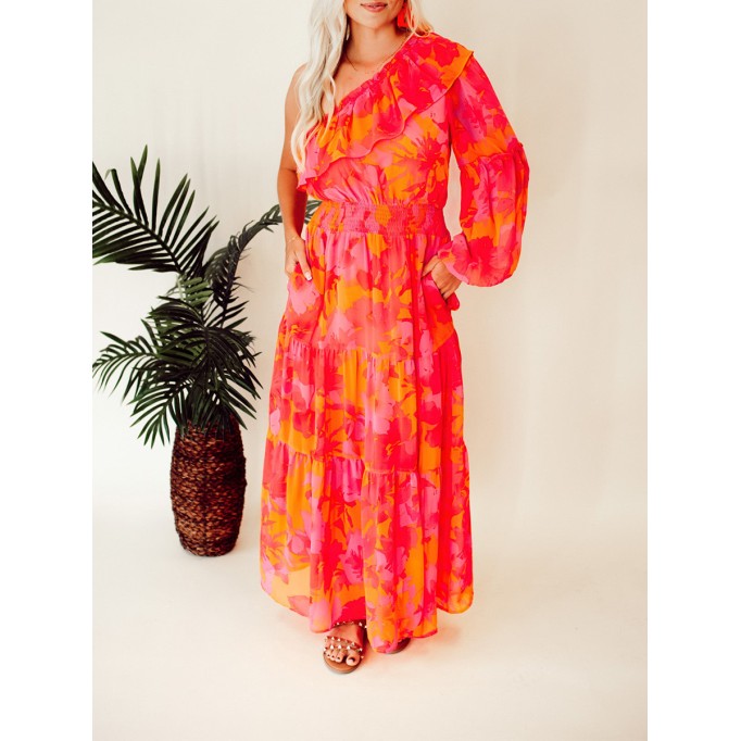 Rose Orange Flower Single Shoulder Long Dress