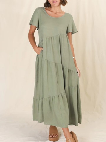 Round neck pullover cotton linen loose dress long skirt