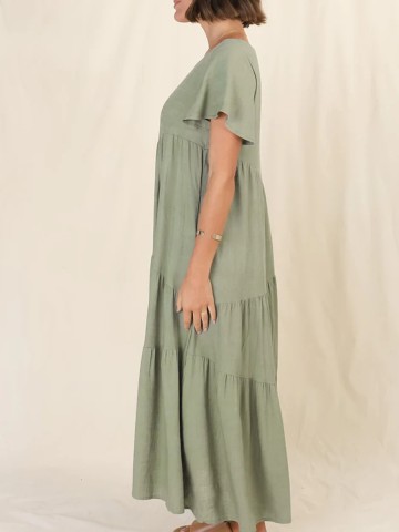 Round neck pullover cotton linen loose dress long skirt