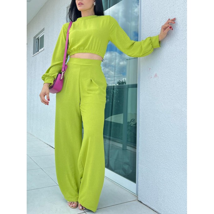 Round neck short top high waisted wide leg pants set