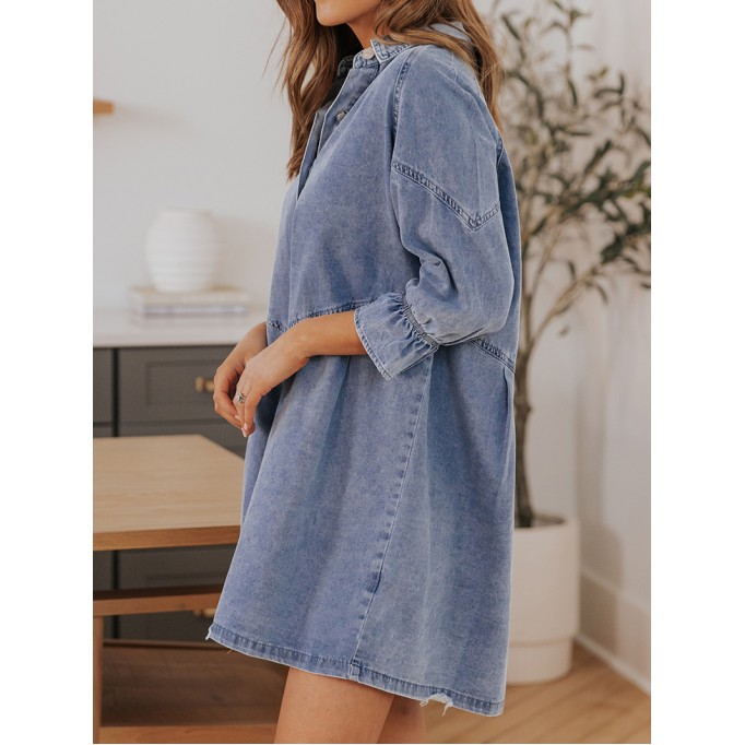 Sky Blue Buttoned Long Sleeve Denim Mini Dress