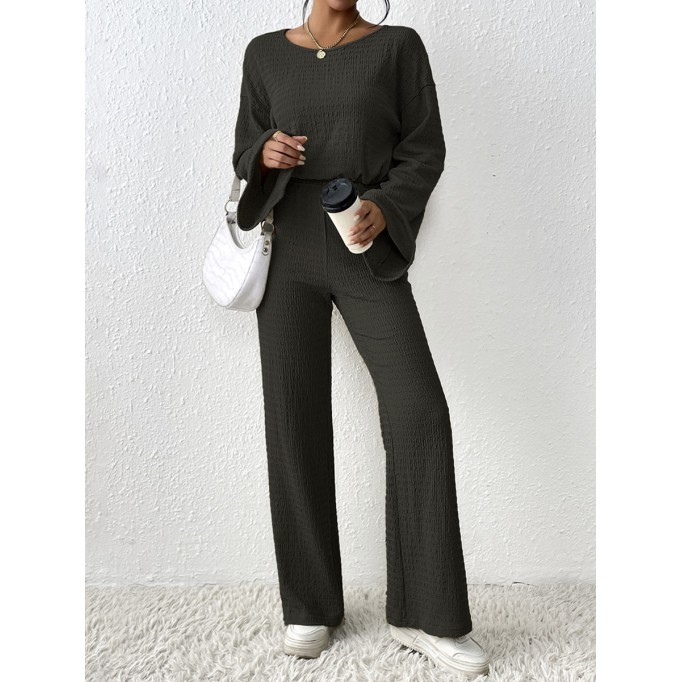 Solid color flare sleeve top wide leg pants set