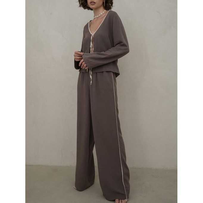 Solid color lace up cardigan wide leg pants two-piece set