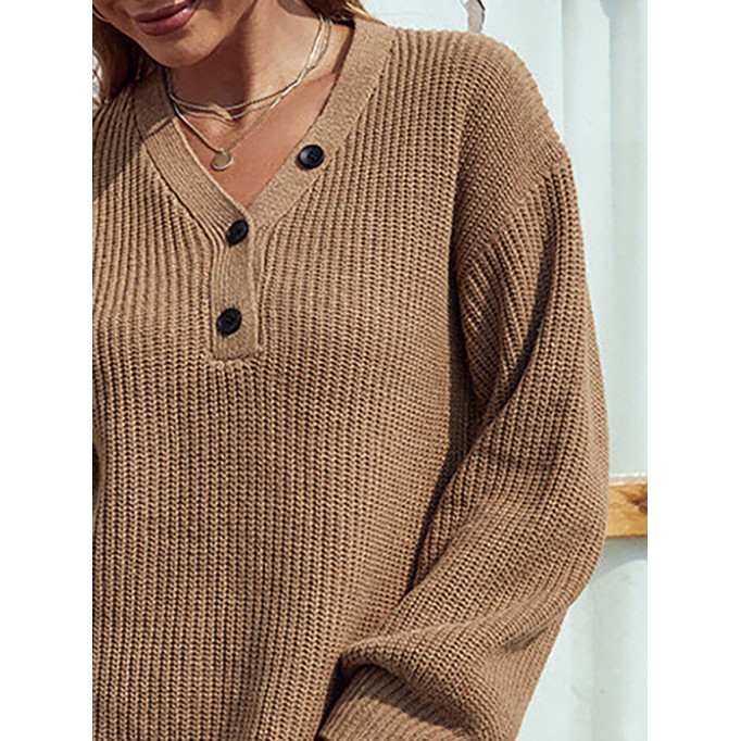 Solid Color V-neck Button Mid-length Women's Sweater Dress