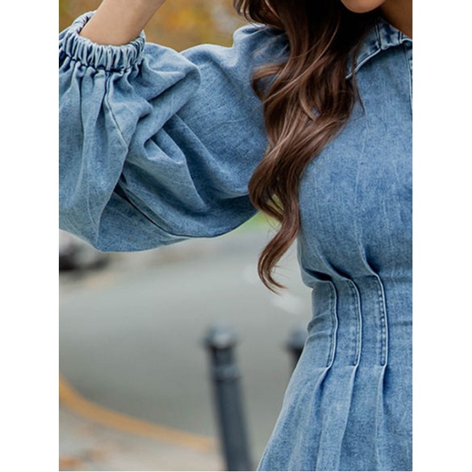 Solid color waistband long sleeved denim skirt