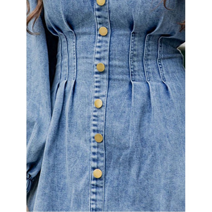 Solid color waistband long sleeved denim skirt