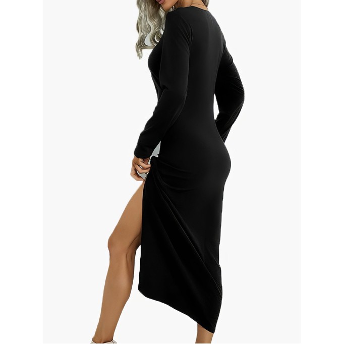 Solid Round Neck Slim Long Sleeve Split Dress