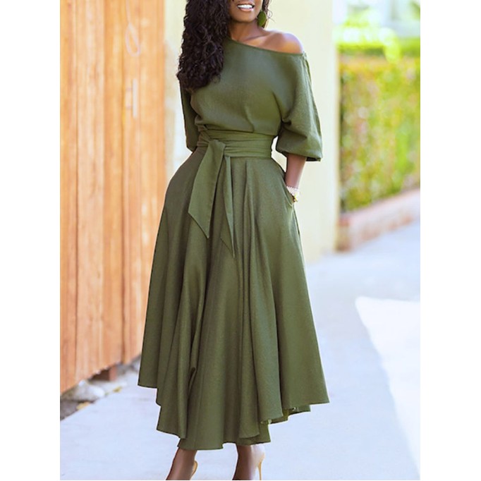 Solid Tie Pocket Long Sleeve Dress