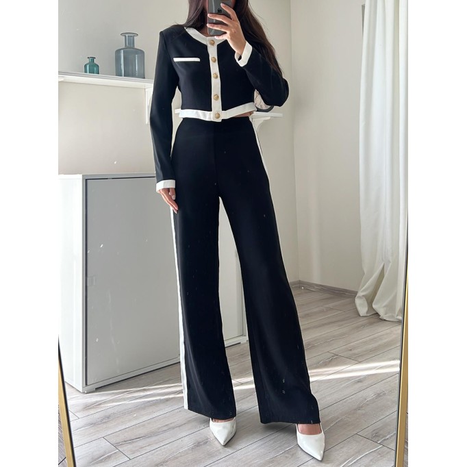 Spliced round neck single breasted top and pants two-piece set