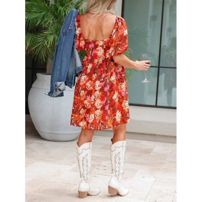 Square neck bubble sleeved floral dress