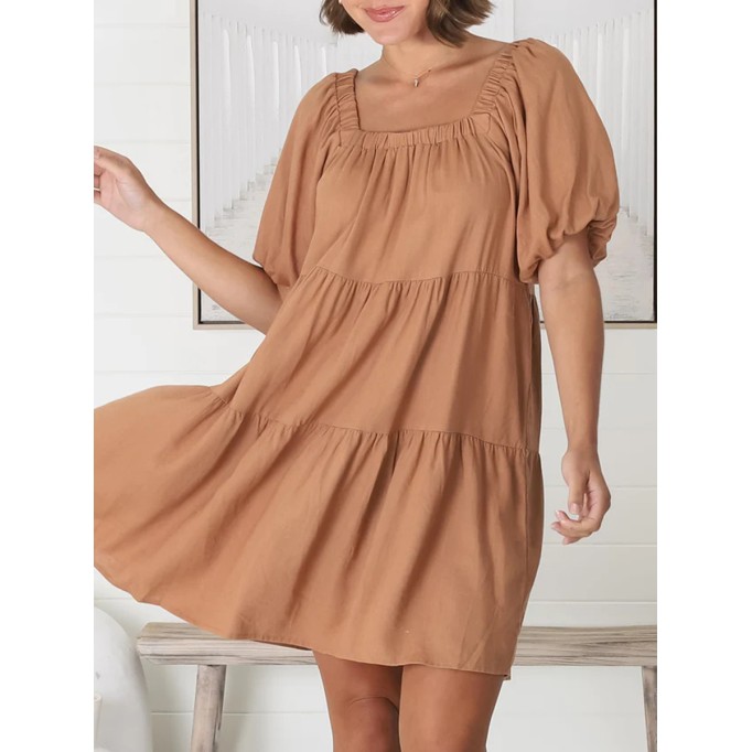 Square-neck puffy sleeves loose A-shape dress