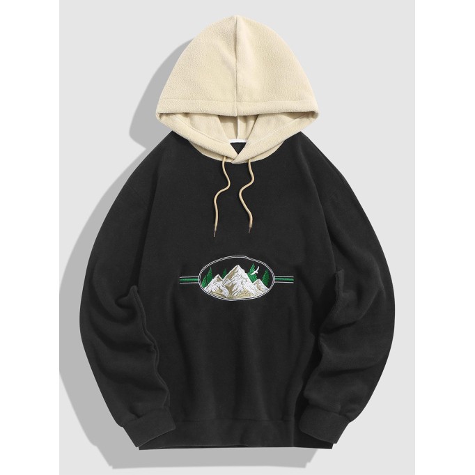 Street Color Block Alphabet Mountain Embroidered Hoodie