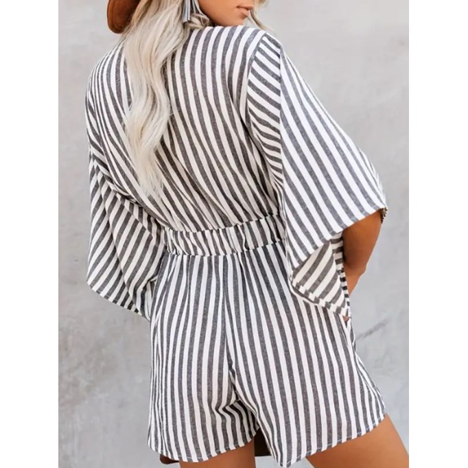 Summer V-neck short sleeve striped jumpsuit