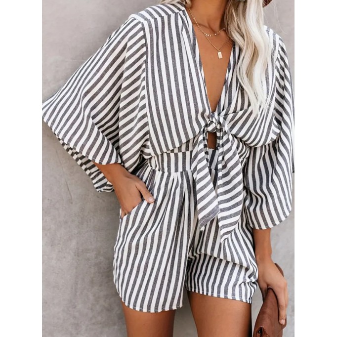 Summer V-neck short sleeve striped jumpsuit