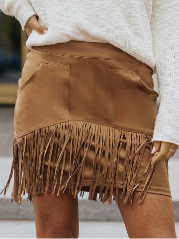 TASSEL ZIPPED POCKETS HIGH WAIST MINI SKIRT