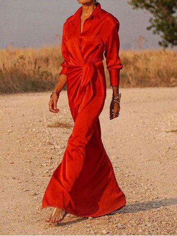 Tie High Waist Long Sleeve Slit Dress