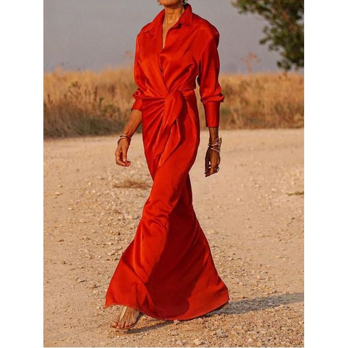 Tie High Waist Long Sleeve Slit Dress