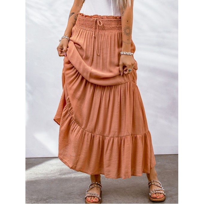 TIE SMOCKING HIGH WAIST TIERED MAXI SKIRT