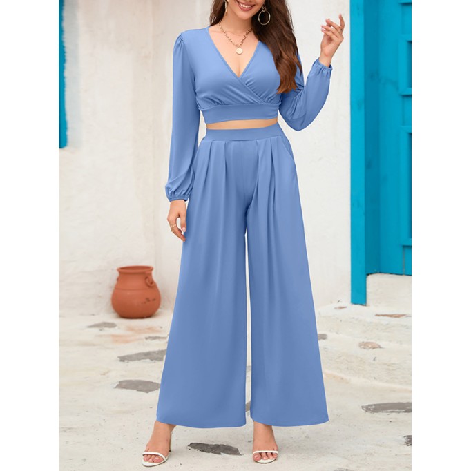 V-neck long sleeved short top wide leg pants set