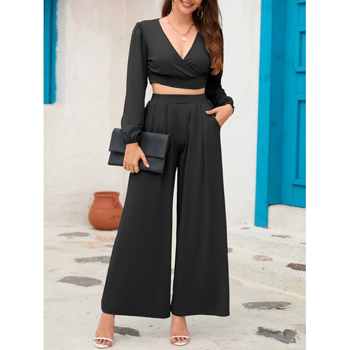 V-neck long sleeved short top wide leg pants set