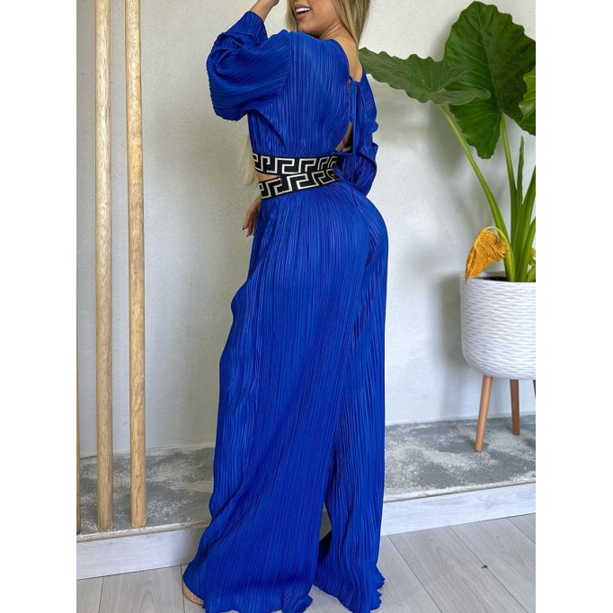 V-neck pleated flare sleeve shirt wide leg pants set