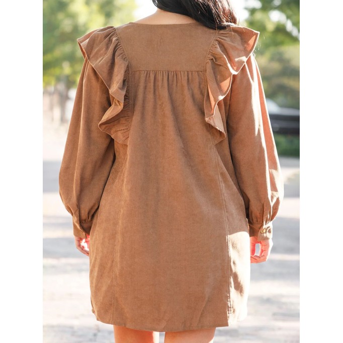 V-neck ruffled button loose fitting dress