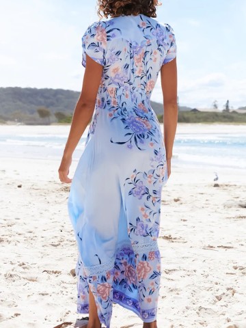 V-neck short sleeve Bohemian holiday floral slit dress