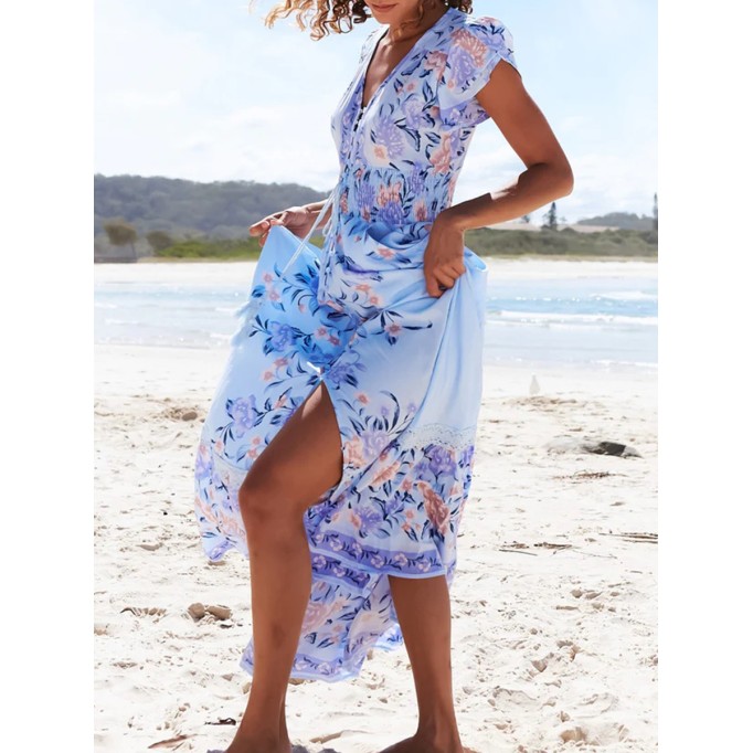 V-neck short sleeve Bohemian holiday floral slit dress