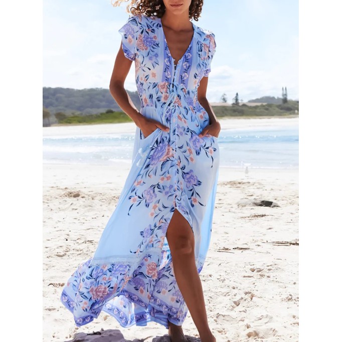 V-neck short sleeve Bohemian holiday floral slit dress