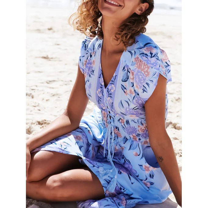 V-neck short sleeve Bohemian holiday floral slit dress