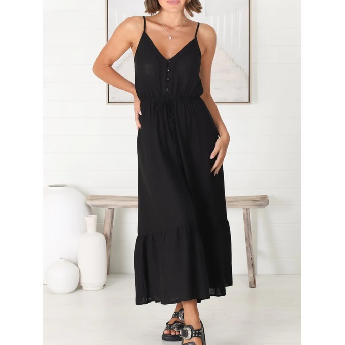 V-neck suspender button-element cotton and linen maxi dress