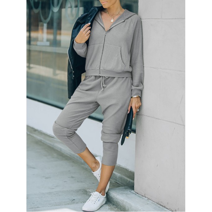 Waffle knit zippered hoodie and pants sports casual set