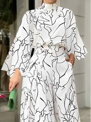 Women's art line graffiti print casual loose sleeved jumpsuit wide leg pants white