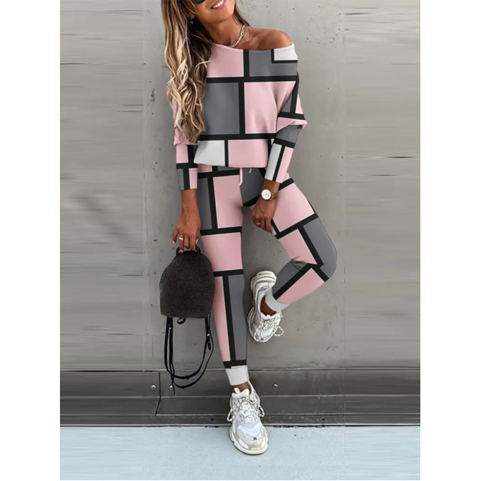 Women's Casual Color Block Print Two Piece Set