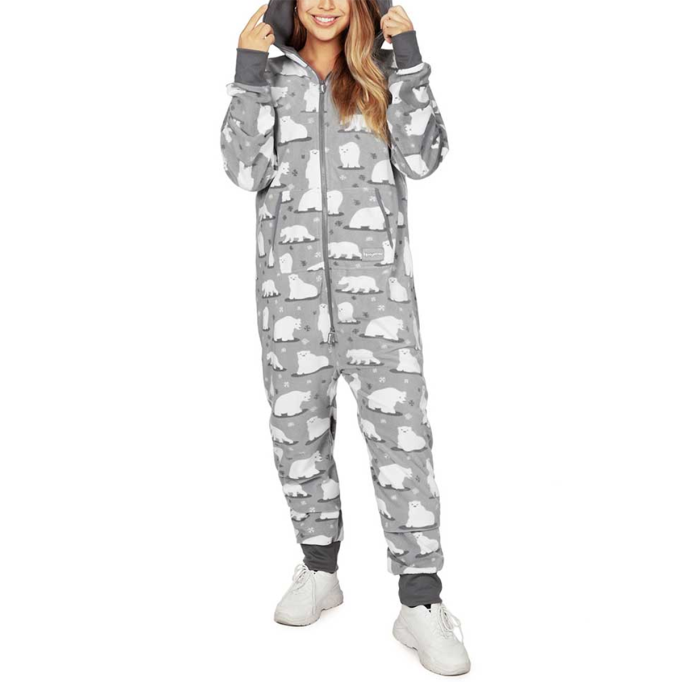 Women's casual white bear print jumpsuit