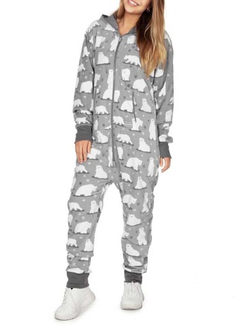 Women's casual white bear print jumpsuit