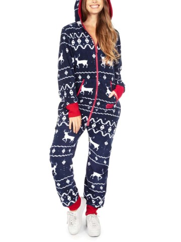 Women's Elk Print Zip Hooded Jumpsuit