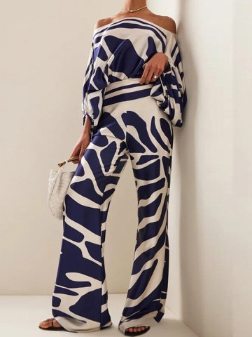 Women's Printed Casual Loose Top Long Wide Leg Pants Fashion Set