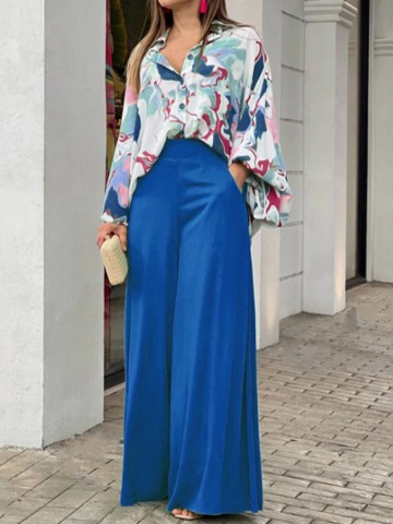 Women's Printed Shirt Temperament Elegant Wide Leg Pants Fashion Casual Suit