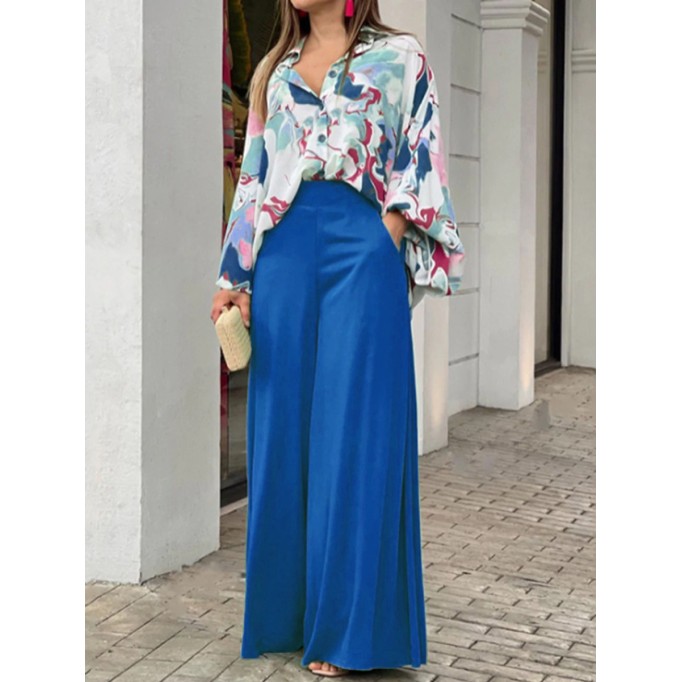 Women's Printed Shirt Temperament Elegant Wide Leg Pants Fashion Casual Suit