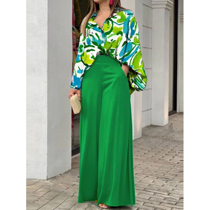 Women's Printed Shirt Temperament Elegant Wide Leg Pants Fashion Casual Suit