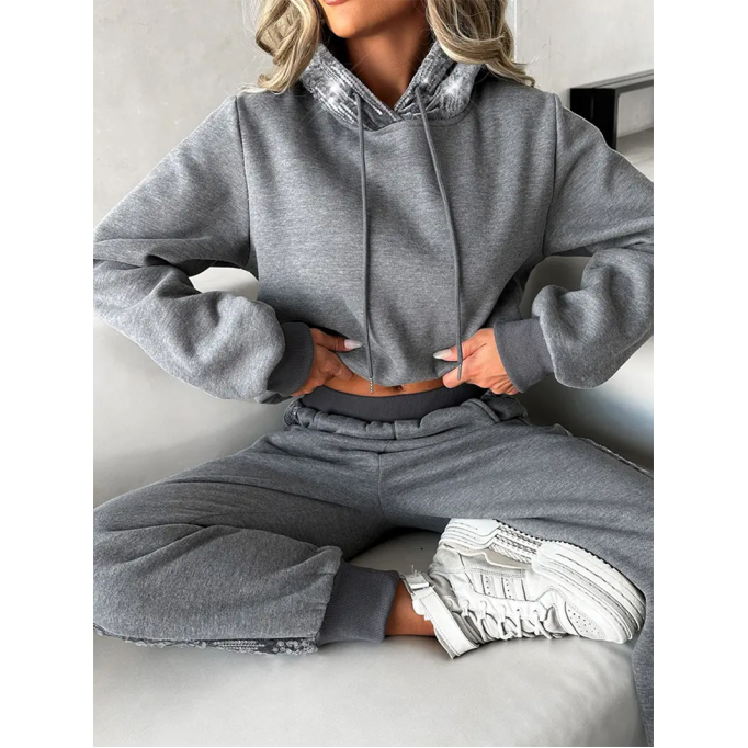 Women's Solid Color Sequin Hoodie Two Piece Set