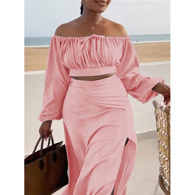 Women's Solid Color Slit Strapless Long Sleeve Top Halter Dress Set