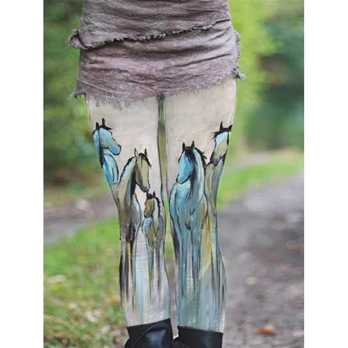 Women's Western Vintage Oil Painting Horse Print Yoga Leggings