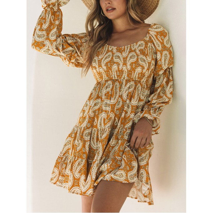 Yellow Boho Floral Collared Long Sleeve Ruffled Dress