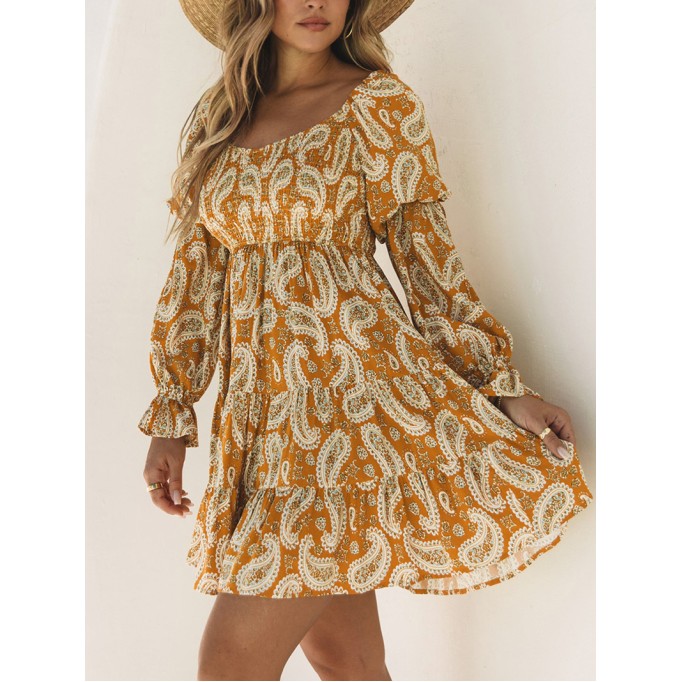 Yellow Boho Floral Collared Long Sleeve Ruffled Dress